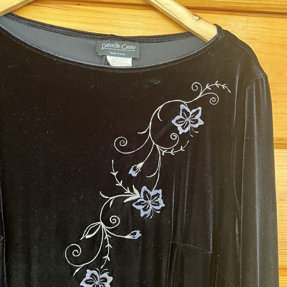Vtg Danielle Casey Velvet Long Sleeve Black Midi Dress Stretch Embroidery 16 — image 2 of 5